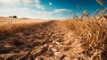 Close-up view of the cracked, dry soil in a field of wheat recently harvested in the countryside. Concept image of wasteland