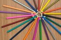 Close up view of crayons. Colored Pencils. Colored pencils on wooden background. Royalty Free Stock Photo