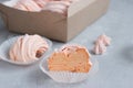 Close-up view of creamy peach-coloured zefir on blurred background. Handmade pumpkin marshmallow & x28;zephyr& x29; packed