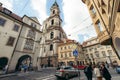 Close-up view of the crowded streets and ancient buildings of the city Prague.