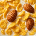 Close-Up View of Crunchy Cornflakes and Almonds Soaking in Fresh Milk AI-GENERATED Royalty Free Stock Photo