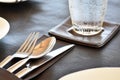 Close-up view, Cutlery and knives stainless steel on food table.