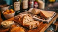 A close-up view of a cutting board with a selection of allergy-friendly ingredients: gluten-free bread, dairy-free