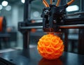 Close-up view of 3D printer creating intricate orange sphere. Machine builds object layer by layer with precision. Technology Royalty Free Stock Photo