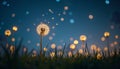 A close-up view of a dandelion seed head, illuminated with glowing light particles, in a field of grass at twilight Royalty Free Stock Photo
