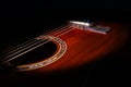 Close-up view of a dark brown acoustic guitar with taut strings, bathed in soft light The image conveys tranquility and Royalty Free Stock Photo
