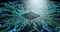 Close-up view of dark central processor unit chip mounted on glowing circuit board with intricate network of green and blue lines Royalty Free Stock Photo