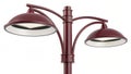 A dark red outdoor lamp post with two dome shaped lights isolated on white background Royalty Free Stock Photo