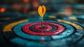 A close up view of dartboard with yellow dart striking center of red target, showcasing precision and focus
