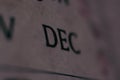 Close-up view of the December month on the calendar