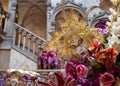 Close up view of decorations and the interior staircase at the Danieli Hotel decorated for the Venice Carnival