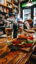 Close up view of delectable grilled cheese sandwich on wooden board, gourmet food concept