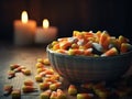 Close-up view of delicious candy corn bowl. Halloween treats. Royalty Free Stock Photo