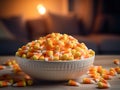 Close-up view of delicious candy corn bowl. Halloween treats. Royalty Free Stock Photo