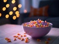 Close-up view of delicious candy corn bowl. Halloween treats. Royalty Free Stock Photo