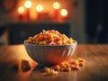 Close-up view of delicious candy corn bowl. Halloween treats. Royalty Free Stock Photo