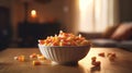 Close-up view of delicious candy corn bowl. Halloween treats.