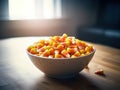 Close-up view of delicious candy corn bowl. Halloween treats. Royalty Free Stock Photo