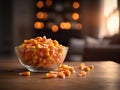 Close-up view of delicious candy corn bowl. Halloween treats. Royalty Free Stock Photo