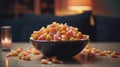 Close-up view of delicious candy corn bowl. Halloween treats. Royalty Free Stock Photo