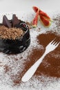 Close up view of delicious chocolate cake with figs in a plate and a fork cacao decoration Royalty Free Stock Photo