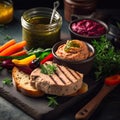 Close-up view of delicious duck pate served with various garnishes.