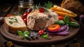 Close-up view of delicious duck pate served with various vegetables and bread. Dark restaurant background.