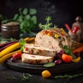 Close-up view of delicious duck pate served with various vegetables and herbs. Dark restaurant background.