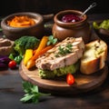 Close-up view of delicious duck pate served with various vegetables and sauces. Dark restaurant background.