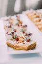 Close-up view of the delicious pieces of cakes decorated with raspberries. Royalty Free Stock Photo