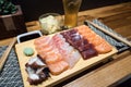 Close up view of a delicious plate of fresh sashimi in a sushi bar Royalty Free Stock Photo