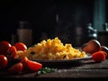 Close-up view of delicious plate of macaroni with cheese. Cherry tomatoes on the side.