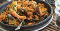 Close up view of delicious Spanish seafood paella