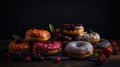 Close-up view of delicious stack of chocolate glazed donuts with various toppings.