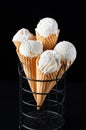 Close up view of delicious vanilla ice cream in crispy waffle cone on black background Royalty Free Stock Photo