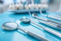 Close-up view dental equipment tools blue tray clinic. Precision, hygiene in dentistry. Healthcare Royalty Free Stock Photo