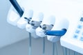 Close up view on dental tools in the dental office. Set of dental care instruments Royalty Free Stock Photo