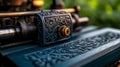 Close-Up View of Detailed Vintage Engraving Machine with Brass Element and Floral Patterns Royalty Free Stock Photo