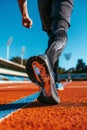 Close-up view of a runner exercising on an athletic stadium track
