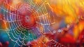 Dewy Spider Web Glimmering in Sunlight with Colorful Background