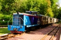 Close-up view of the diesel locomotive TU-7A with several cars which are approaches to the station