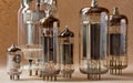 Close up view of different vintage electronic vacuum tubes.