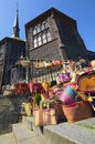 Close-up view of different woven bags or colorful baskets in local street market in Honfleur. Royalty Free Stock Photo