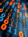 Close-up view of digital binary code glowing in blue and orange on a dark circuit board representing advanced data technology and Royalty Free Stock Photo