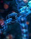 close up view of digital chain link, symbolizing connectivity and security in blockchain technology. vibrant blue tones and