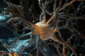 Close-up view of digital neuron structure with glowing synapses. Neural network and brain technology concept