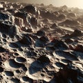 Close-up view of a distant planet\'s stone surface with craters and rough terrains showing signs of meteorite impacts