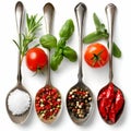 Close up view of a diverse selection of herbs and spices artistically presented in spoons