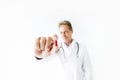 close-up view of doctor holding red pill Royalty Free Stock Photo