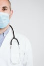 Close up view of doctor man wearing protective mask, gloves and stethoscope. Corona virus Covid-19 concept Royalty Free Stock Photo